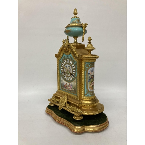 14A - A FRENCH J. MAYER ORMOLU PORCELAIN AND GILT METAL MANTEL CLOCK WITH URN STYLE GARNITURE IN THE LOUIS... 