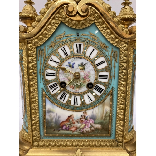 14A - A FRENCH J. MAYER ORMOLU PORCELAIN AND GILT METAL MANTEL CLOCK WITH URN STYLE GARNITURE IN THE LOUIS... 