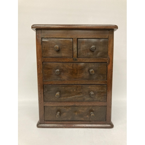 18A - A VICTORIAN MAHOGANY MINIATURE CHEST OF THREE LONG AND TWO SHORT DOORS WITH INLAY TO THE TOP (POSSIB... 