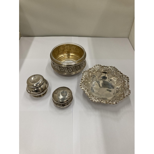 21 - A SILVER HALLMARKED SHEFFIELD REPOUSSE BON BON DISH AND TWO SILVER HALLMARKED BIRMINGHAM LIDDED POTS... 