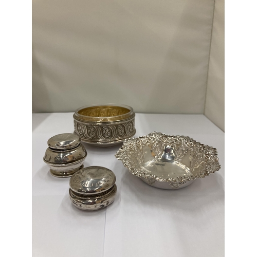 21 - A SILVER HALLMARKED SHEFFIELD REPOUSSE BON BON DISH AND TWO SILVER HALLMARKED BIRMINGHAM LIDDED POTS... 