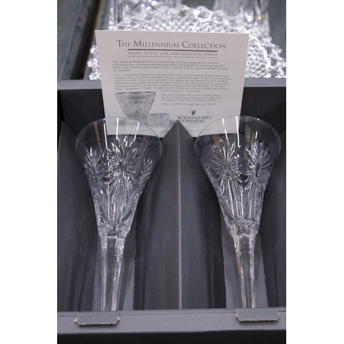 282 - A QUANTITY OF HEAVY CUT GLASS TO INCLUDE A BOXED PAIR OF WATERFORD CRYSTAL 'MILLENNIUM COLLECTION' W... 