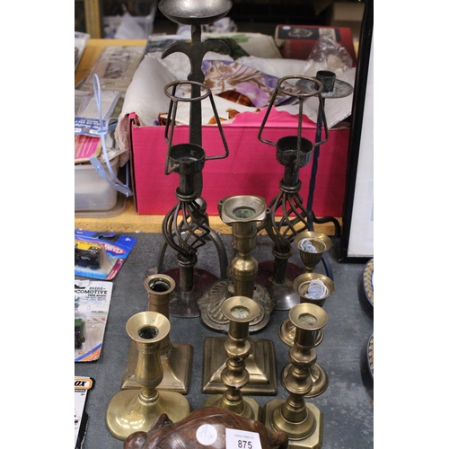 874 - TWELVE BRASS WITH SOME STEEL VINTAGE CANDLESTICKS