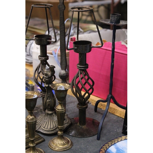 874 - TWELVE BRASS WITH SOME STEEL VINTAGE CANDLESTICKS