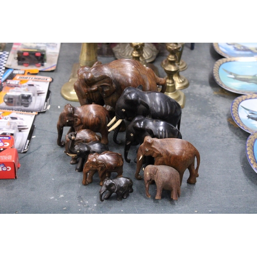 875 - TEN HARDWOOD VINTAGE ELEPHANTS