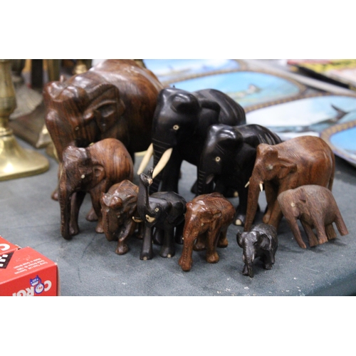 875 - TEN HARDWOOD VINTAGE ELEPHANTS