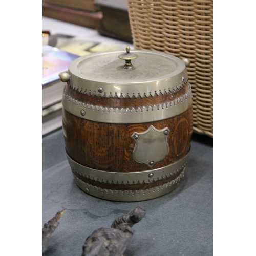 907 - A VICTORIAN OAK BISCUIT BARREL