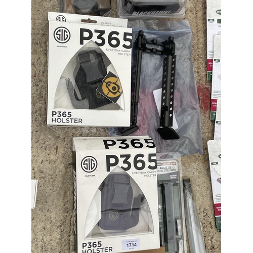 1714 - AN ASSORTMENT OF NEW AND PACKAGED ITEMS TO INCLUDE TWO P365 HOLSTERS, TWO BLACKHAWK TASER HOLSTERS A... 