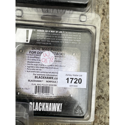 1720 - SEVEN NEW AND PACKAGED BLACKHAWK LEATHER DUAL MAG POUCHES