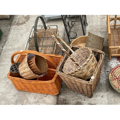 1722 - AN ASSORTMENT OF ITEMS TO INCLUDE A METAL NINE BOTTLE WINE RACK AND A COLLECTION OF WICKER BASKETS