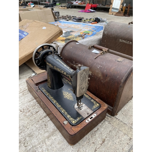 1788 - TWO VINTAGE SINGER SEWING MACHINES WITH WOODEN CARRY CASES