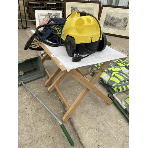 1824 - AN ASSORTMENT OF ITEMS TO INCLUDE TWO FOLDING STOOLS, A SEEDER AND A KARCHER HAND VAC ETC