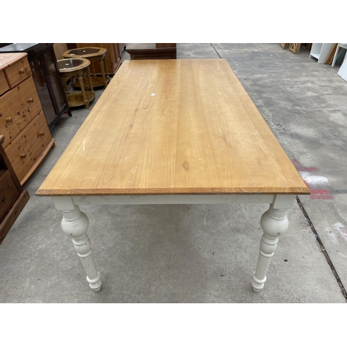 2932 - A PINE KITCHEN TABLE ON PAINTED BASE WITH TURNED LEGS, 79