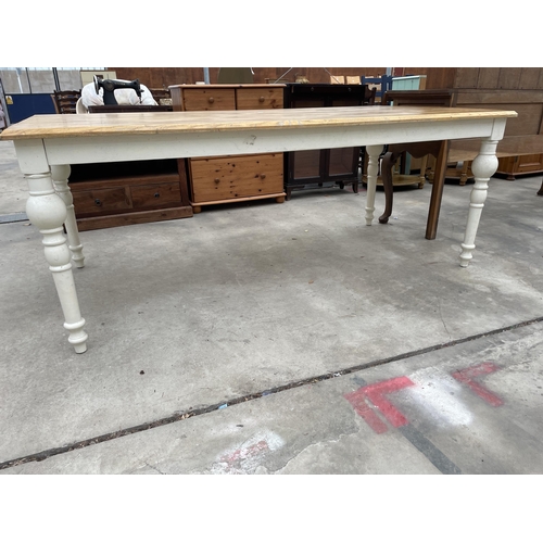 2932 - A PINE KITCHEN TABLE ON PAINTED BASE WITH TURNED LEGS, 79