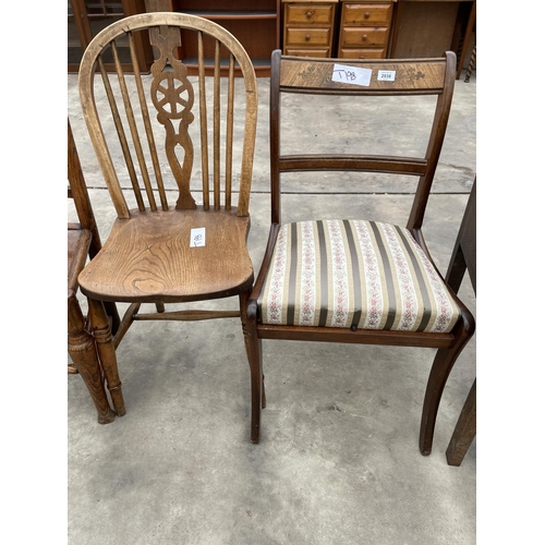 2938 - TWO LANCASHIRE ELM DINING CHAIRS, KITCHEN WINDSOR CHAIR, REGENCY STYLE CHAIR AND PAINTED CHILDS CHAI... 