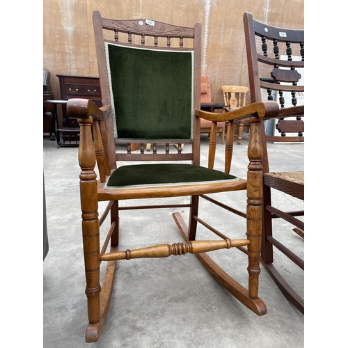 2946 - A LATE VICTORIAN ELM AND BEECH ROCKING CHAIR WITH UPHOLSTERED SEAT AND BACK