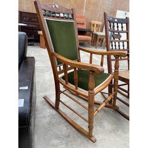 2946 - A LATE VICTORIAN ELM AND BEECH ROCKING CHAIR WITH UPHOLSTERED SEAT AND BACK