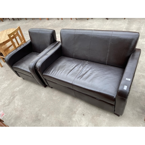 2947 - A BROWN LEATHER TWO SEATER SETTEE AND EASY CHAIR