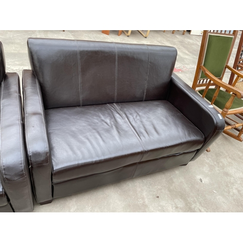 2947 - A BROWN LEATHER TWO SEATER SETTEE AND EASY CHAIR