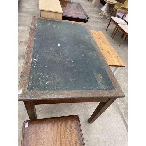 2953 - A MID 20TH CENTURY OAK OFFICE TABLE WITH THREE DRAWERS HAVING BRASS SCOOP HANDLES, 60