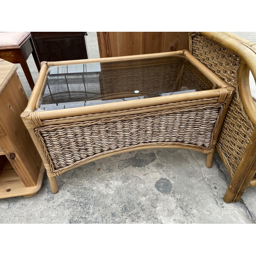 2959 - A WICKER AND BAMBOO CONSERVATORY CHAIR, GLASS TOP COFFEE TABLE