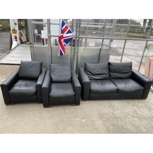 2968 - A NATUZZI BLACK LEATHER THREE PIECE SUITE