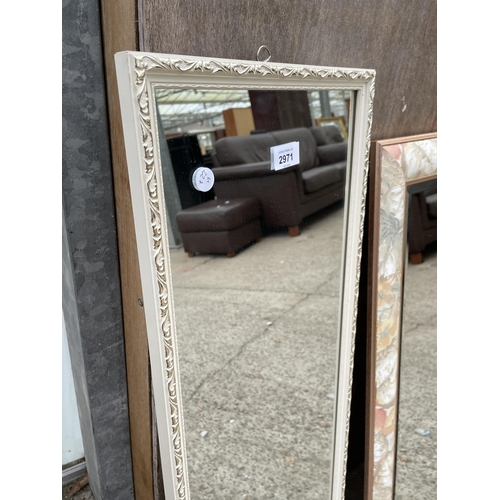 2971 - A BEVEL EDGE WALL MIRROR WITH FLORAL FRAME, 35