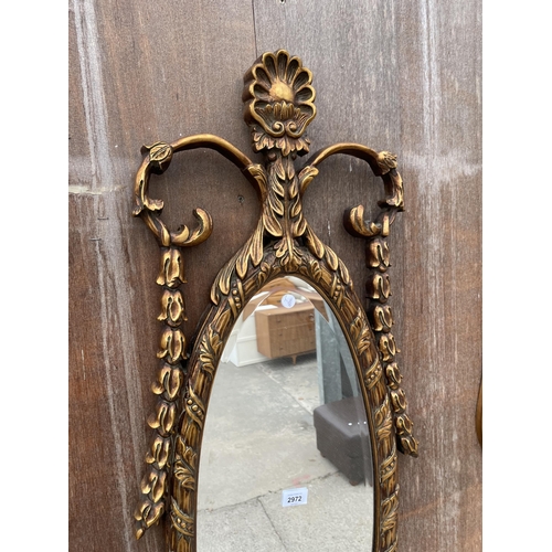 2972 - A 19TH CENTURY ROCOCO STYLE GESSO WALL MIRROR WITH BEVEL EDGE, 48