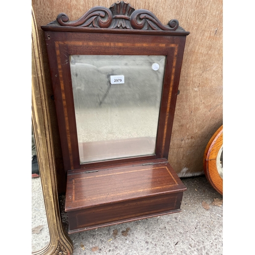 2979 - AN EDWARDIAN MAHOGANY AND INLAID BEVEL EDGE WALL MIRROR WITH KEY BOX, 29