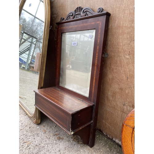 2979 - AN EDWARDIAN MAHOGANY AND INLAID BEVEL EDGE WALL MIRROR WITH KEY BOX, 29