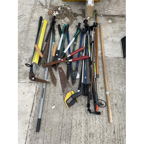 1945 - AN ASSORTMENT OF GARDEN TOOLS TO INCLUDE SHEARS, SAWS AND WALKING STICKS ETC