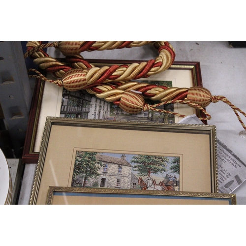 1024 - SIX FRAMED MACCLESFIELD SILKS PLUS A PAIR OF CURTAIN TIE BACKS