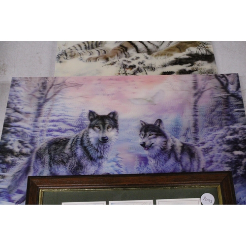 1037 - THREE PRINTS TO INCLUDE TWO HOLOGRAPHIC 3-D IMAGES OF A TIGER AND WOLVES PLUS GARDEN BIRDS