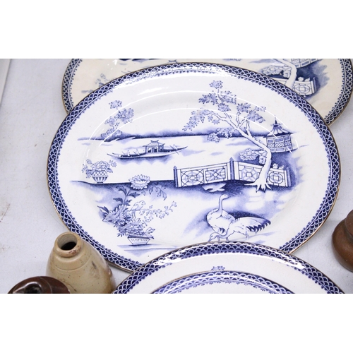 1044 - A QUANTITY OF THOMAS TILL AND SONS, BURSLEM, BLUE AND WHITE 'CLYDE' PATTERN PLATES AND A TUREEN PLUS... 