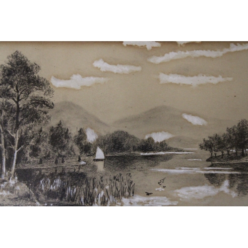 1046 - TWO 1925 CHARCOAL/PASTEL DRAWINGS OF LAKE SCENES, BOTH SIGNED E. C. W. (WADLOW) - 29CM X 19CM - GLAS... 