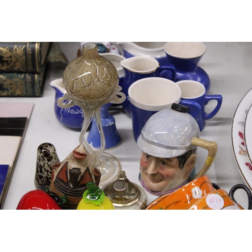 1048 - A MIXED LOT TO INCLUDE BLUE AND WHITE SOUVENIR STUDIO POTTERY, GLASS FRUIT, AN AVONDALE GLASS BIRD P... 