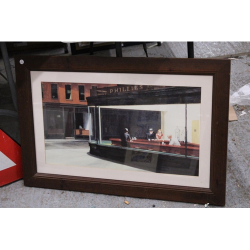 1050 - A LARGE FRAMED 1990'S PRINT, 'NIGHT HAWKS AT PHILLIES DINER' ORIGINAL BY EDWARD HOPPER, 90CM X 59CM