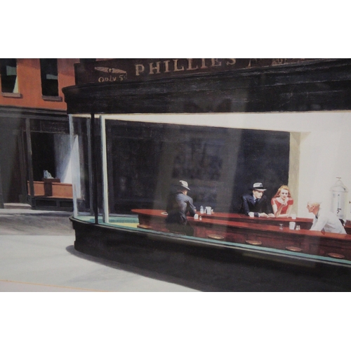 1050 - A LARGE FRAMED 1990'S PRINT, 'NIGHT HAWKS AT PHILLIES DINER' ORIGINAL BY EDWARD HOPPER, 90CM X 59CM