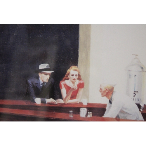 1050 - A LARGE FRAMED 1990'S PRINT, 'NIGHT HAWKS AT PHILLIES DINER' ORIGINAL BY EDWARD HOPPER, 90CM X 59CM