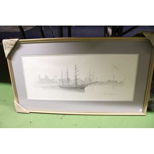 1053 - A SIGNED GELDART PRINT OF THE CUTTY SARK IN ALBERT DOCKS, LIVERPOOL, 87CM X 49CM