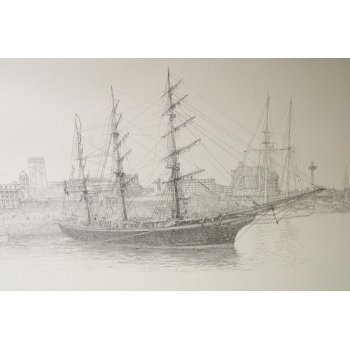 1053 - A SIGNED GELDART PRINT OF THE CUTTY SARK IN ALBERT DOCKS, LIVERPOOL, 87CM X 49CM