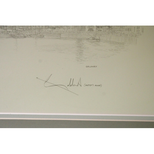 1053 - A SIGNED GELDART PRINT OF THE CUTTY SARK IN ALBERT DOCKS, LIVERPOOL, 87CM X 49CM