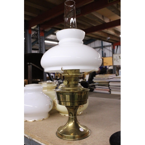 1073 - A VINTAGE ALADDIN 23 OIL PARAFFIN LAMP WITH GLASS SHADE AND GLASS FUNNEL