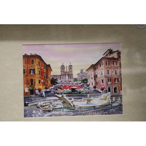 1092 - A FRAMED MONTAGE OF THREE WATERCOLOURS OF ROME PLUS A PRINT 'FEEDING THE SWANS'