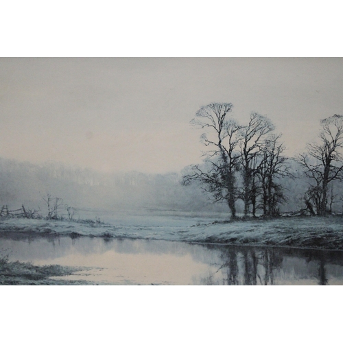 1098 - A LARGE FRAMED PRINT ON BOARD, TITLE 'MISTY SUNRISE', 96CM X 70CM