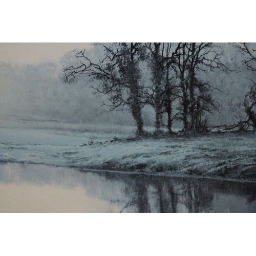 1098 - A LARGE FRAMED PRINT ON BOARD, TITLE 'MISTY SUNRISE', 96CM X 70CM