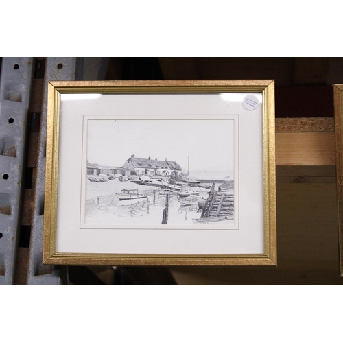 1150 - THREE FRAMED PRINTS OF VILLAGE SCENES AND A HARBOUR SCENE