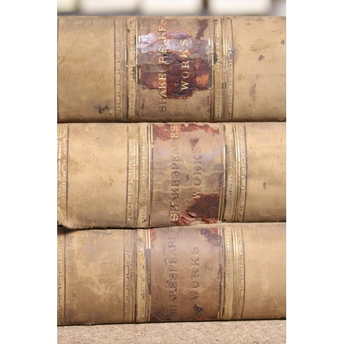 1156 - THREE VINTAGE VOLUMES OF SHAKESPEARES WORKS TO INCLUDE HISTORIES, TRAGEDIES AND COMEDIES, WITH LEATH... 