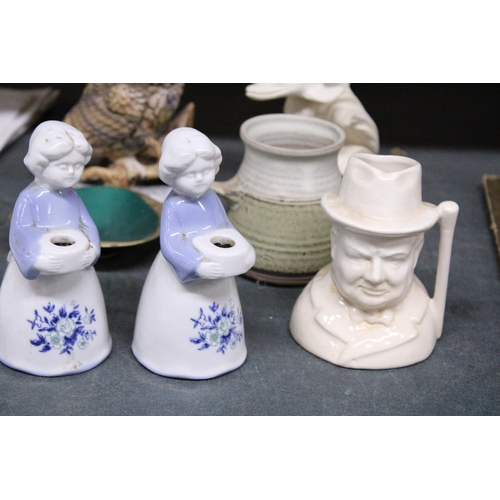 1176 - A MIXED LOT TO INCLUDE PORCELAIN CANDLESTICKS, FIGURINES, STUDIO POTTERY ETC.,