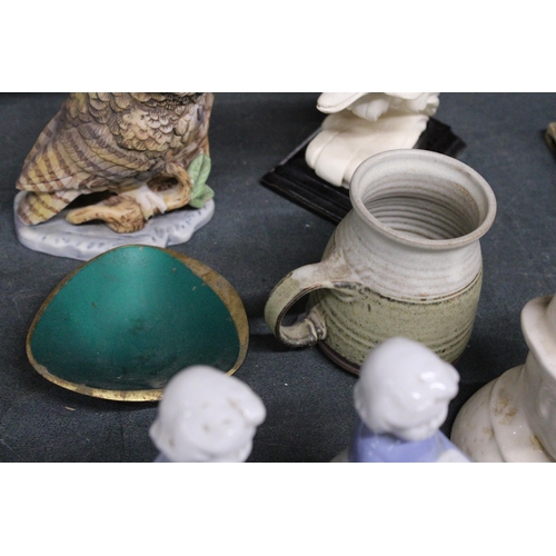 1176 - A MIXED LOT TO INCLUDE PORCELAIN CANDLESTICKS, FIGURINES, STUDIO POTTERY ETC.,